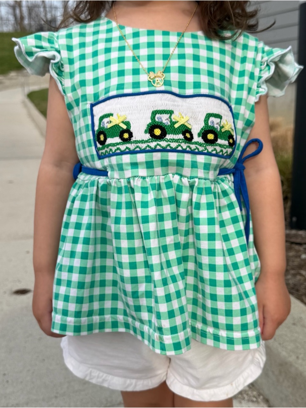 Sugar Dumplin' Kids Smocked Green Gingham Tractor Top - Size 3T